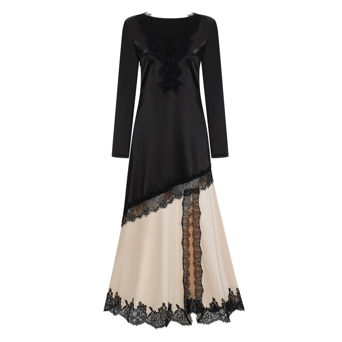Daniela Black Lace Panel Satin Midi Dress