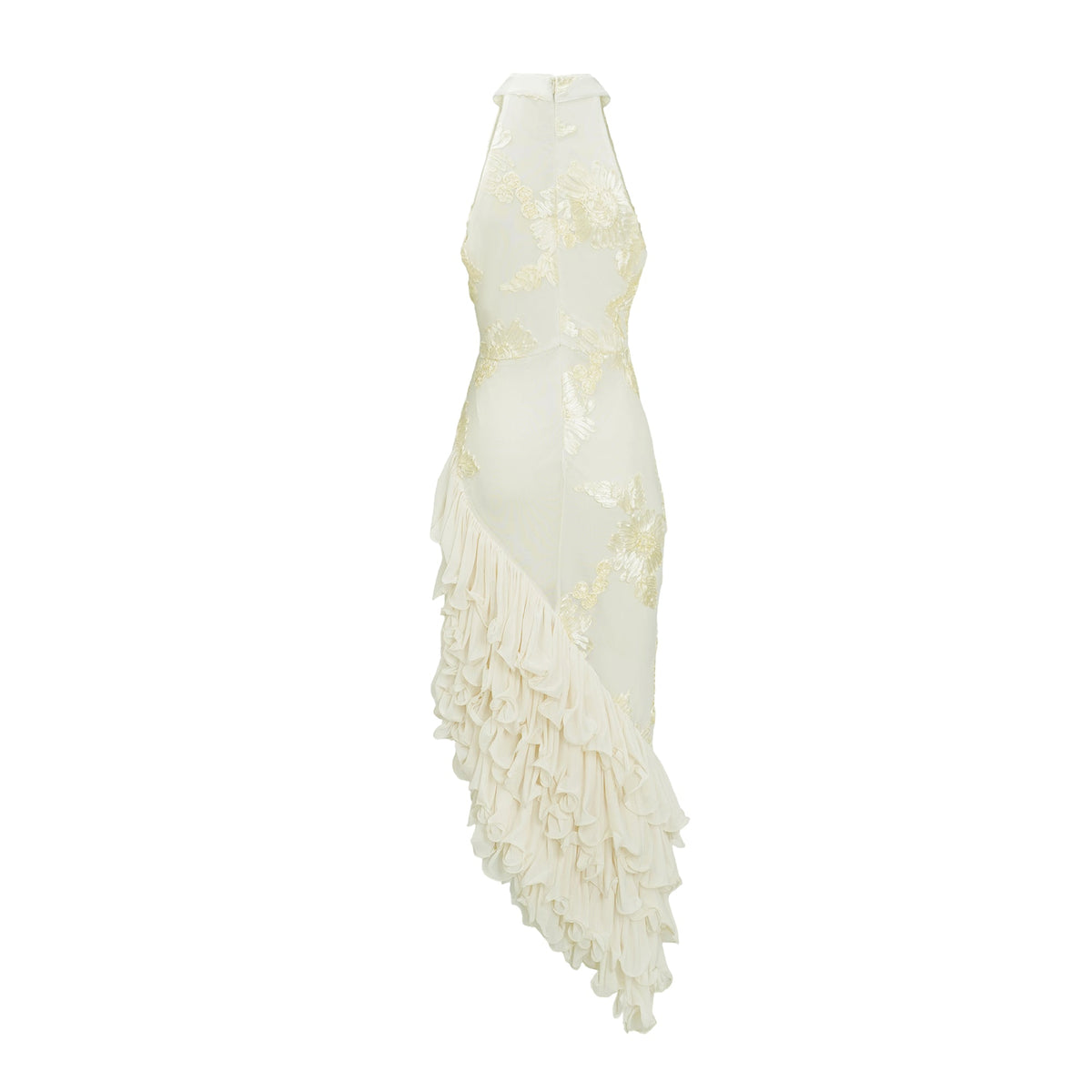 Théoline Neutral Asymmetrical Ruffled Floral Midi Dress