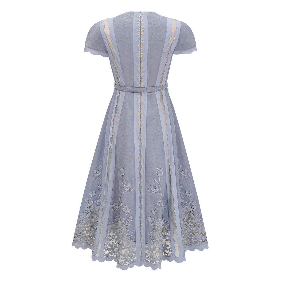 Amália Blue Scalloped Floral Embroidered Midi Dress
