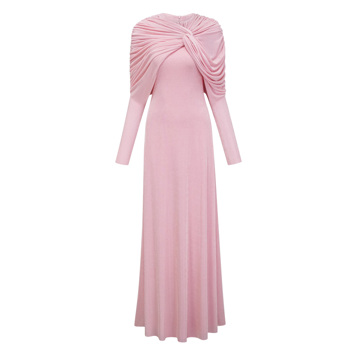 Moderne Pink Shawl Panel Ruched Maxi Dress