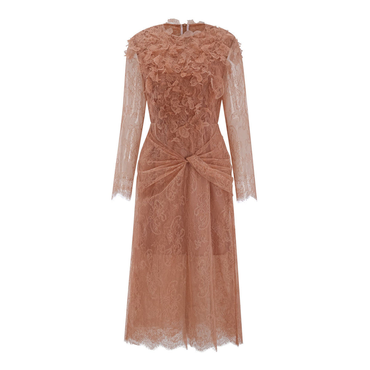 Hadley Caramel Twisted Floral Lace Midi Dress