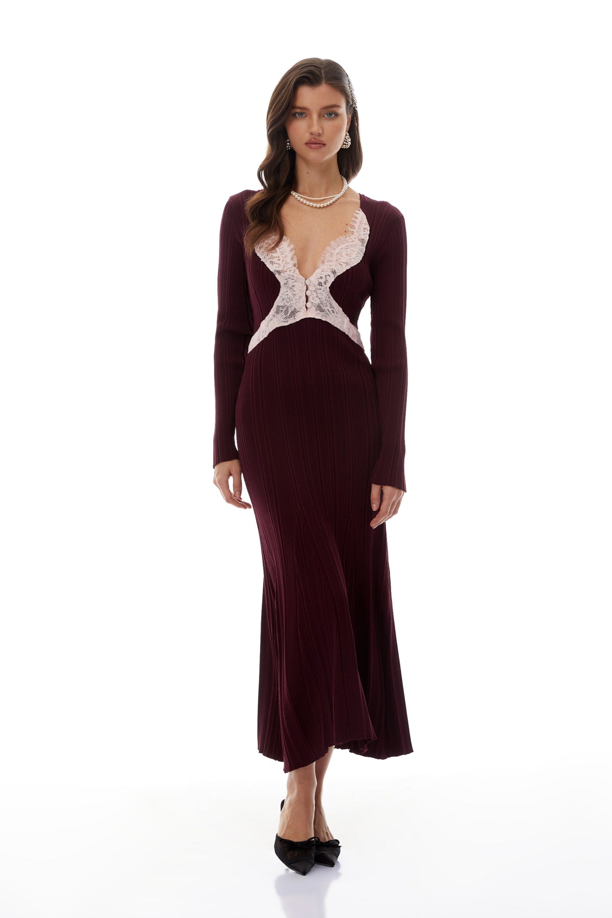 Dagný Burgundy Lace Trim Knit Midi Dress (Final Sale-US Only)