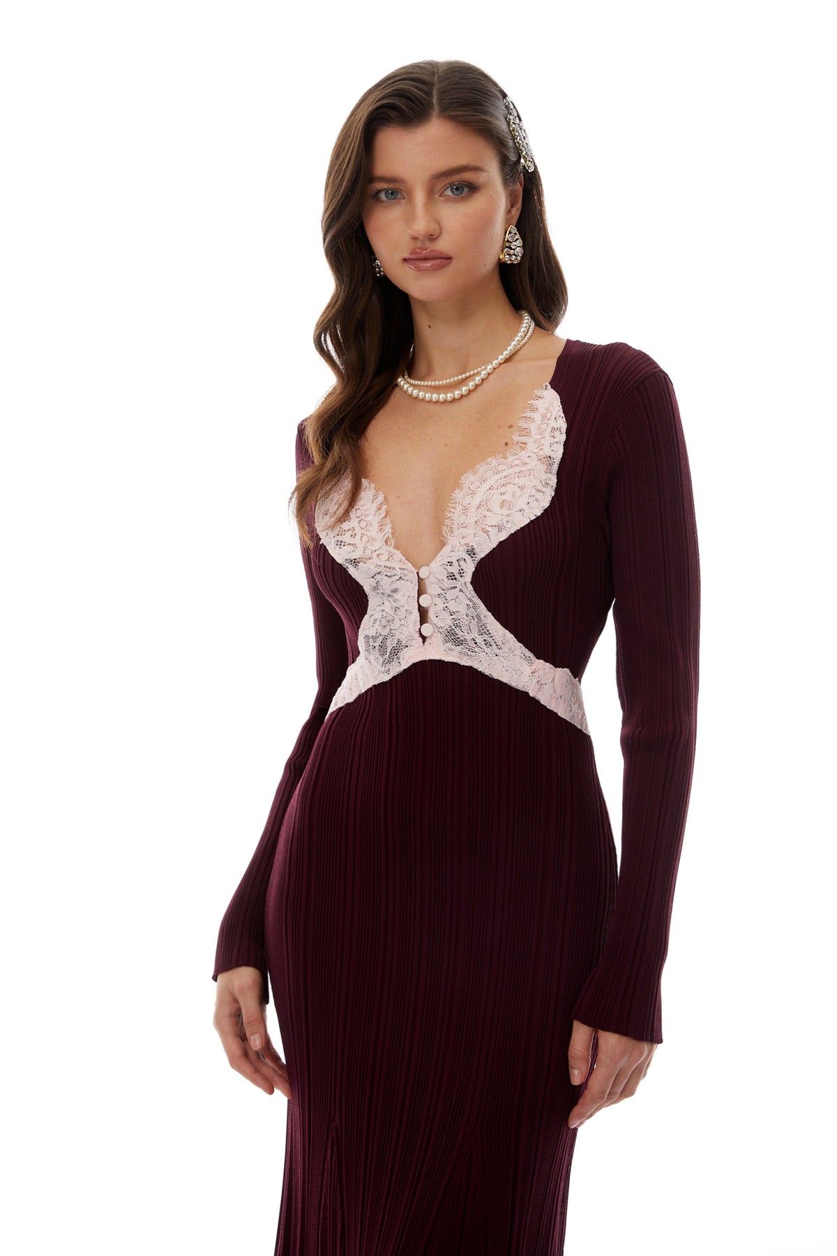 Dagný Burgundy Lace Trim Knit Midi Dress (Final Sale-US Only)