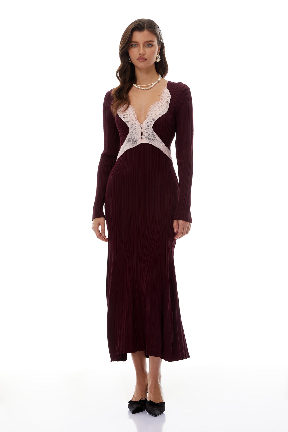 Dagný Burgundy Lace Trim Knit Midi Dress (Final Sale)