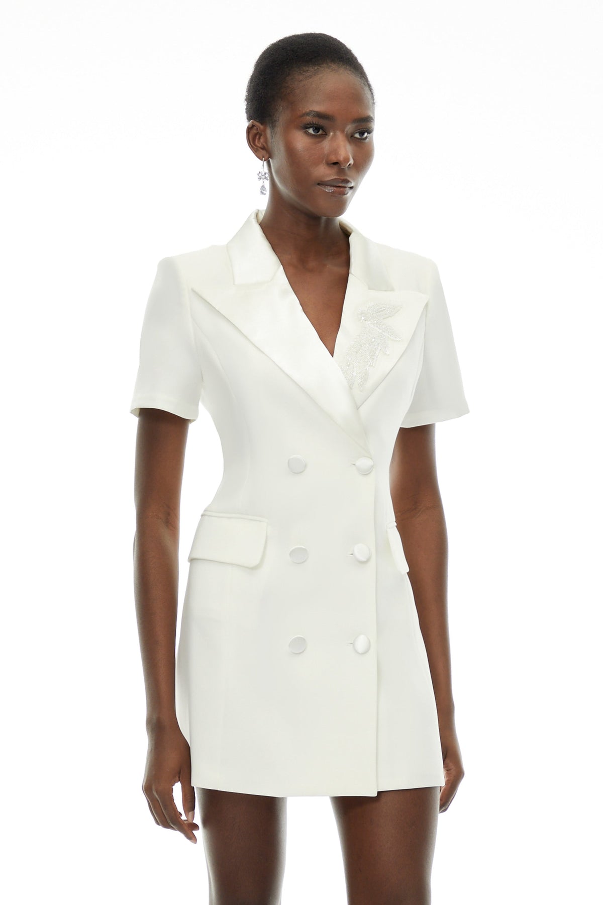 Daniella White Double-Breasted Embroidered Blazer Dress
