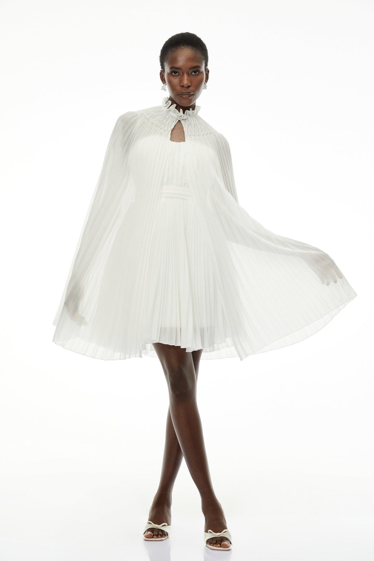 Daphne White High Neck Pleated Dress & Cape Set