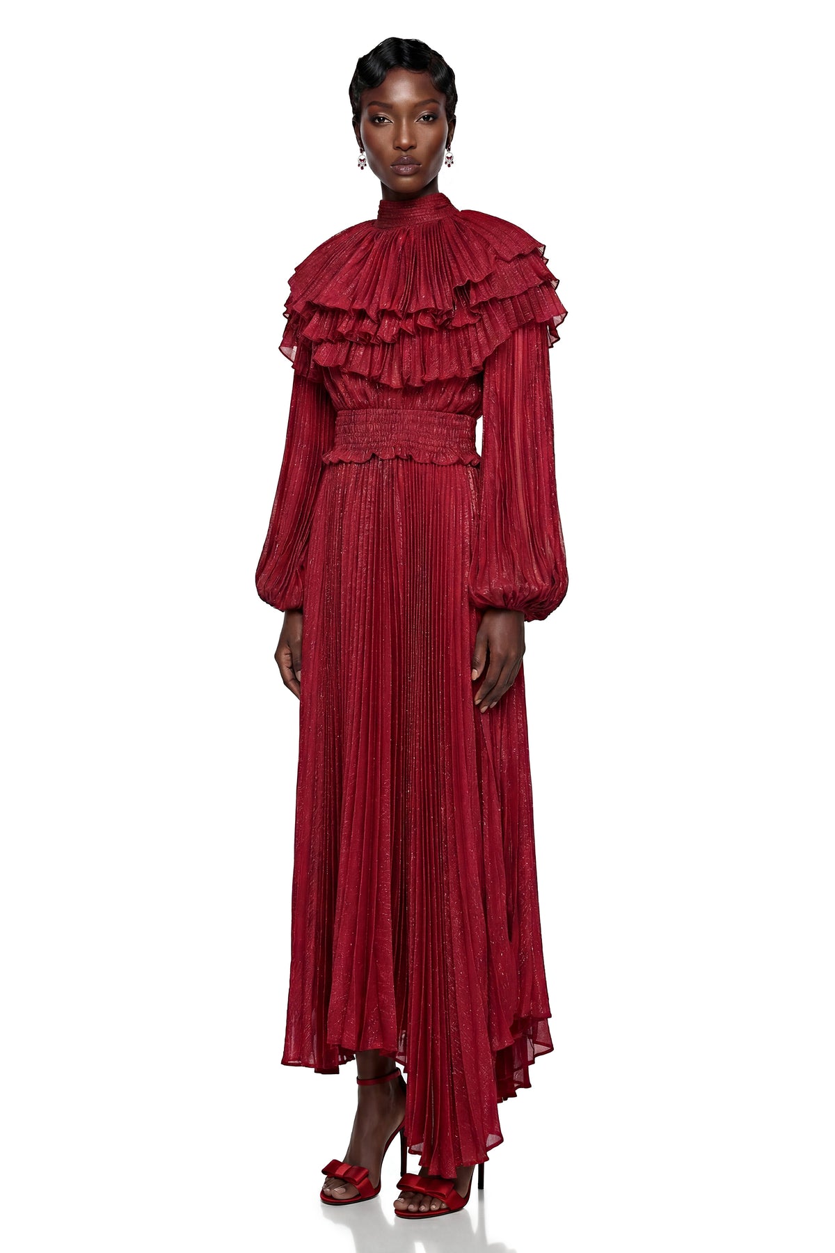 Deirdre Red Pleated Maxi Dress with Tiered Cape Collar