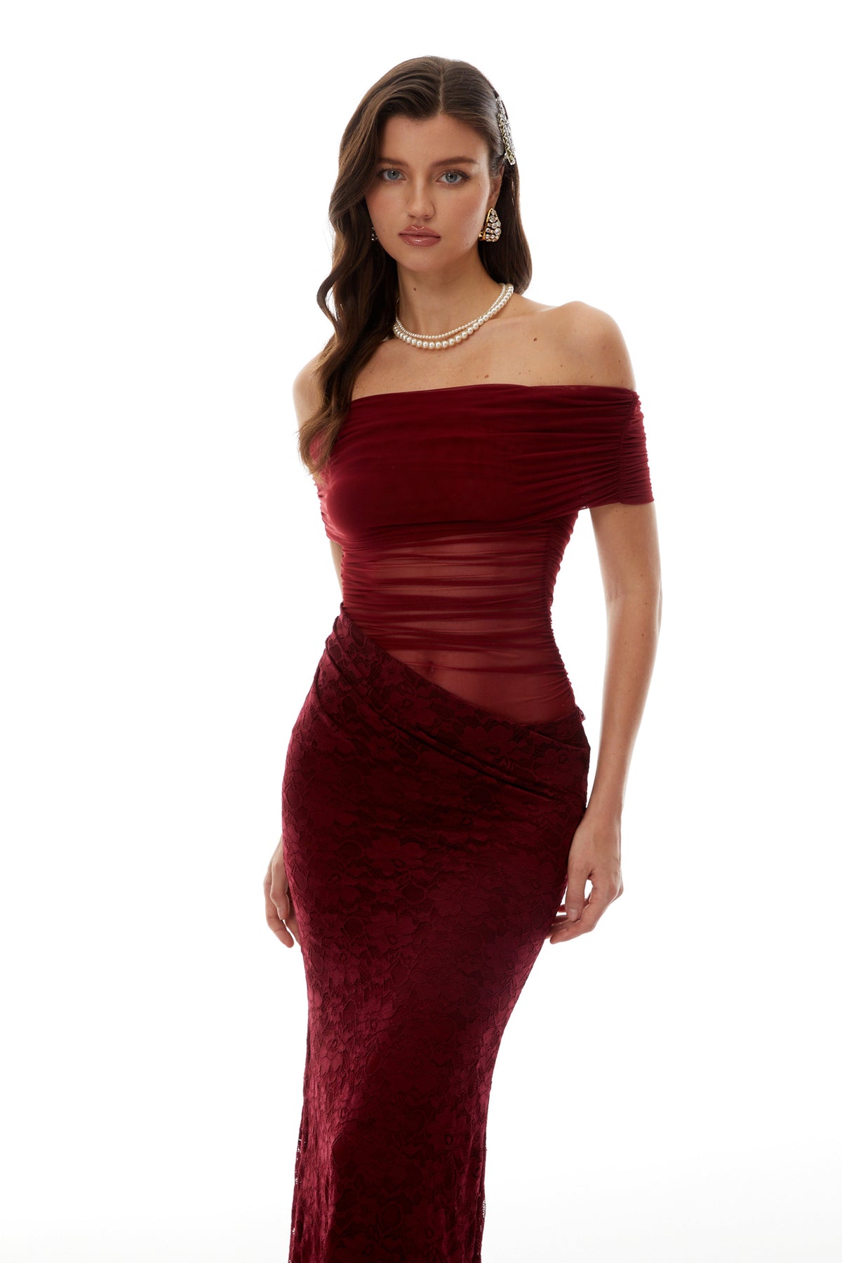 Dianthe Red Lace Panel Mesh Midi Dress (Final Sale-US Only)