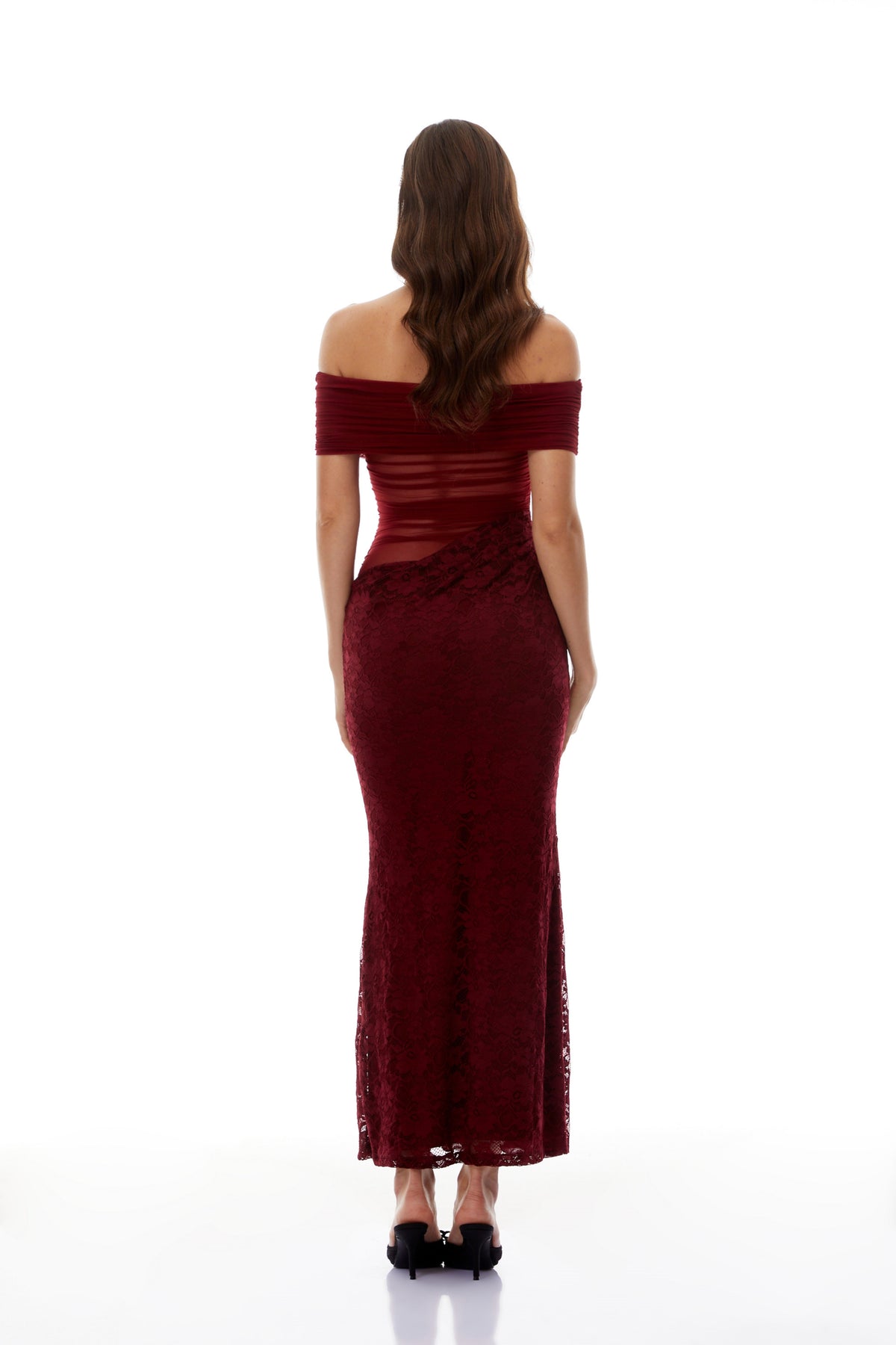 Dianthe Red Lace Panel Mesh Midi Dress (Final Sale-US Only)