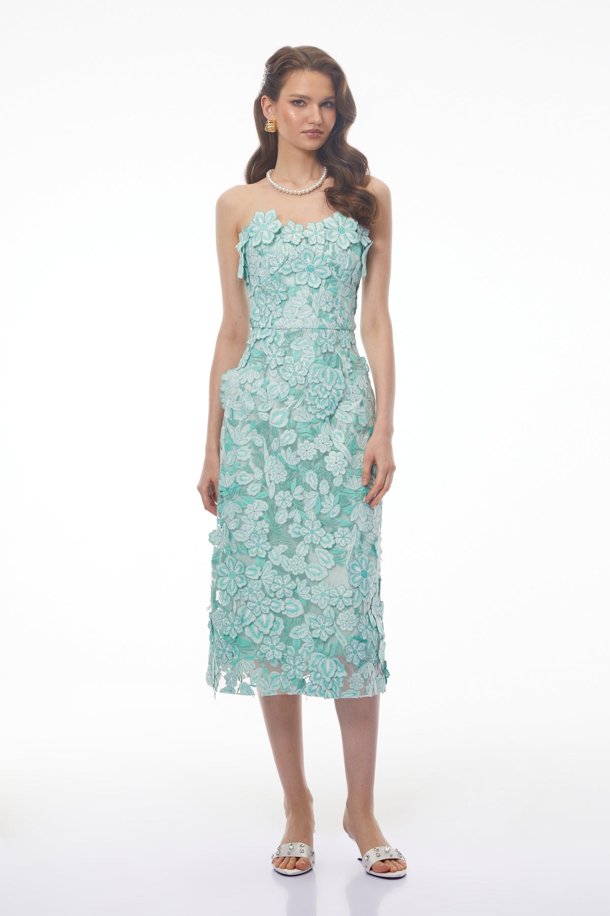 Duygu Green Off Shoulder Midi Dress with 3D Florals
