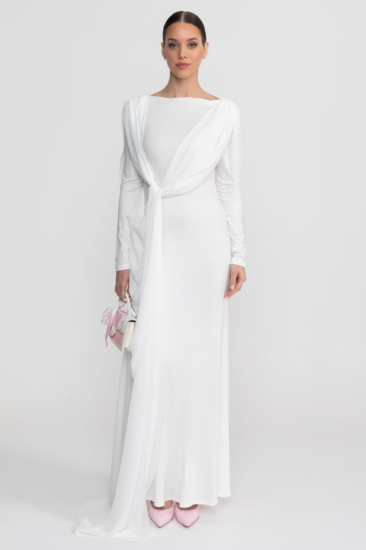 Draped Long Sleeve Maxi Dress With Cape Overlay With Knot Front Detail - White