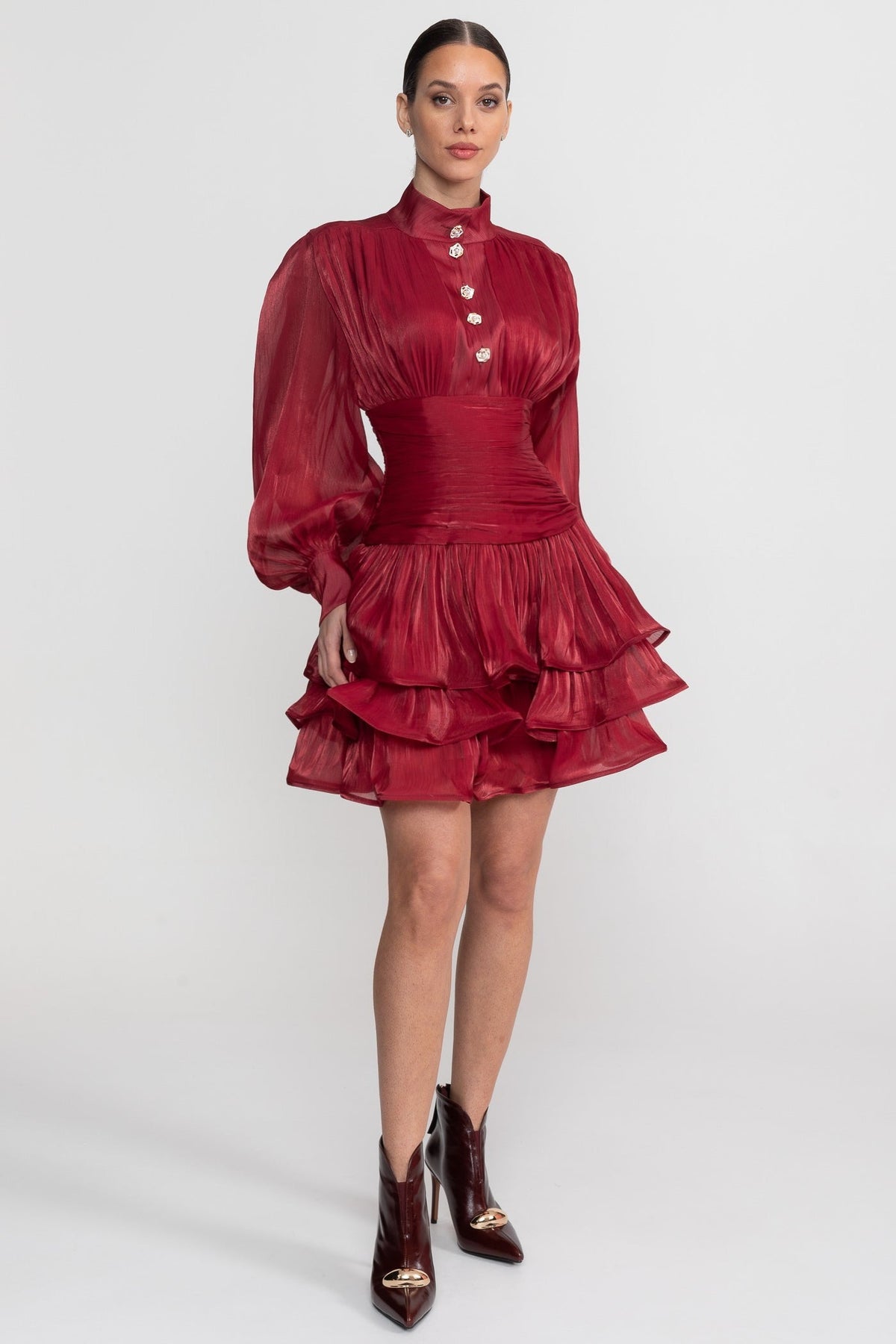 Draped Long Sleeve Mini Dress With Tiered Ruffle Skirt - Red