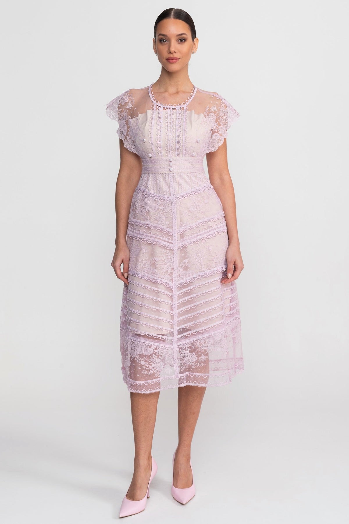 Lace Cap Sleeve Midi Dress With Scalloped Trims And Pearl Button Detail - Lilac