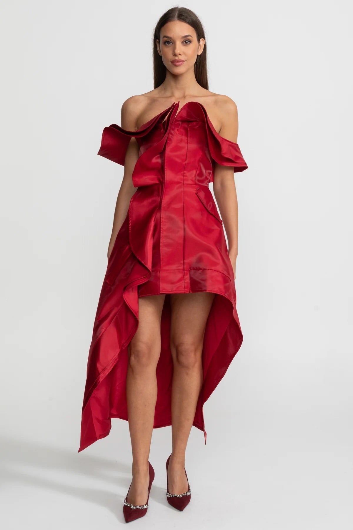 Off-Shoulder Ruffled High-Low Satin Dress – Crimson Red