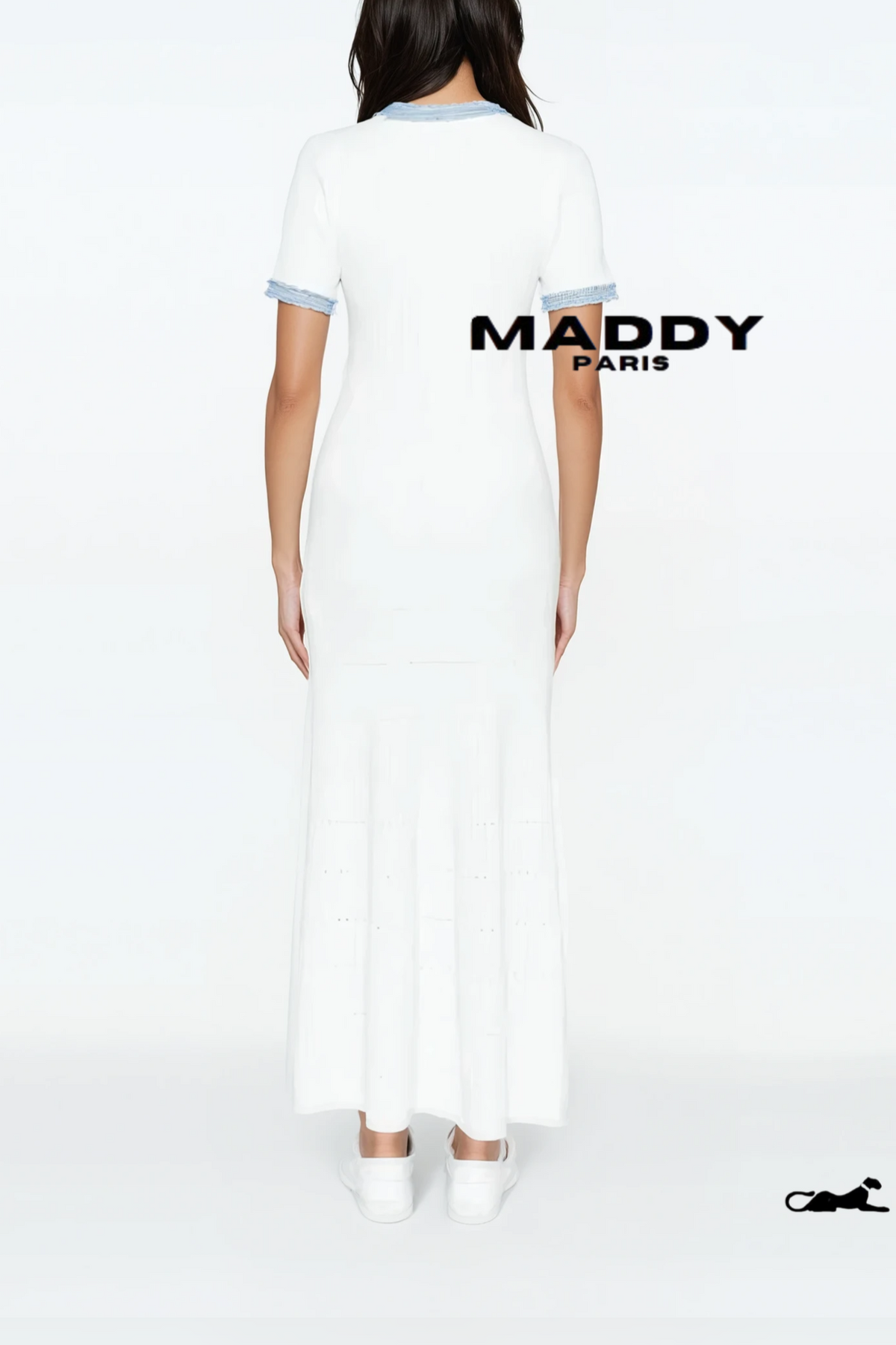 Sandro DENIM-TRIM KNITTED MAXI DRESS - WHITE