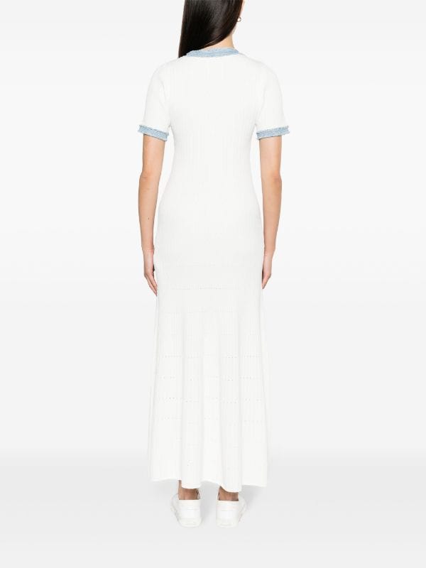 SANDRO DENIM-TRIM KNITTED MAXI DRESS - WHITE