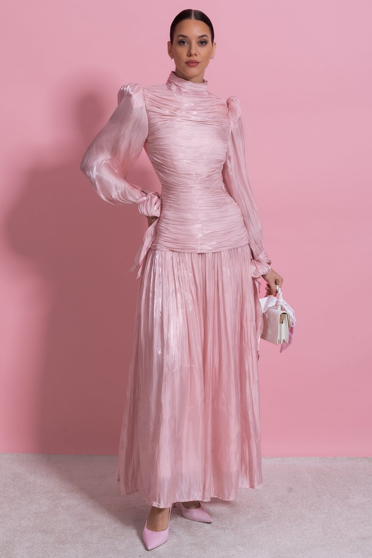 Ruched Long Sleeve Maxi Dress With Pleated Skirt - Blush Pink