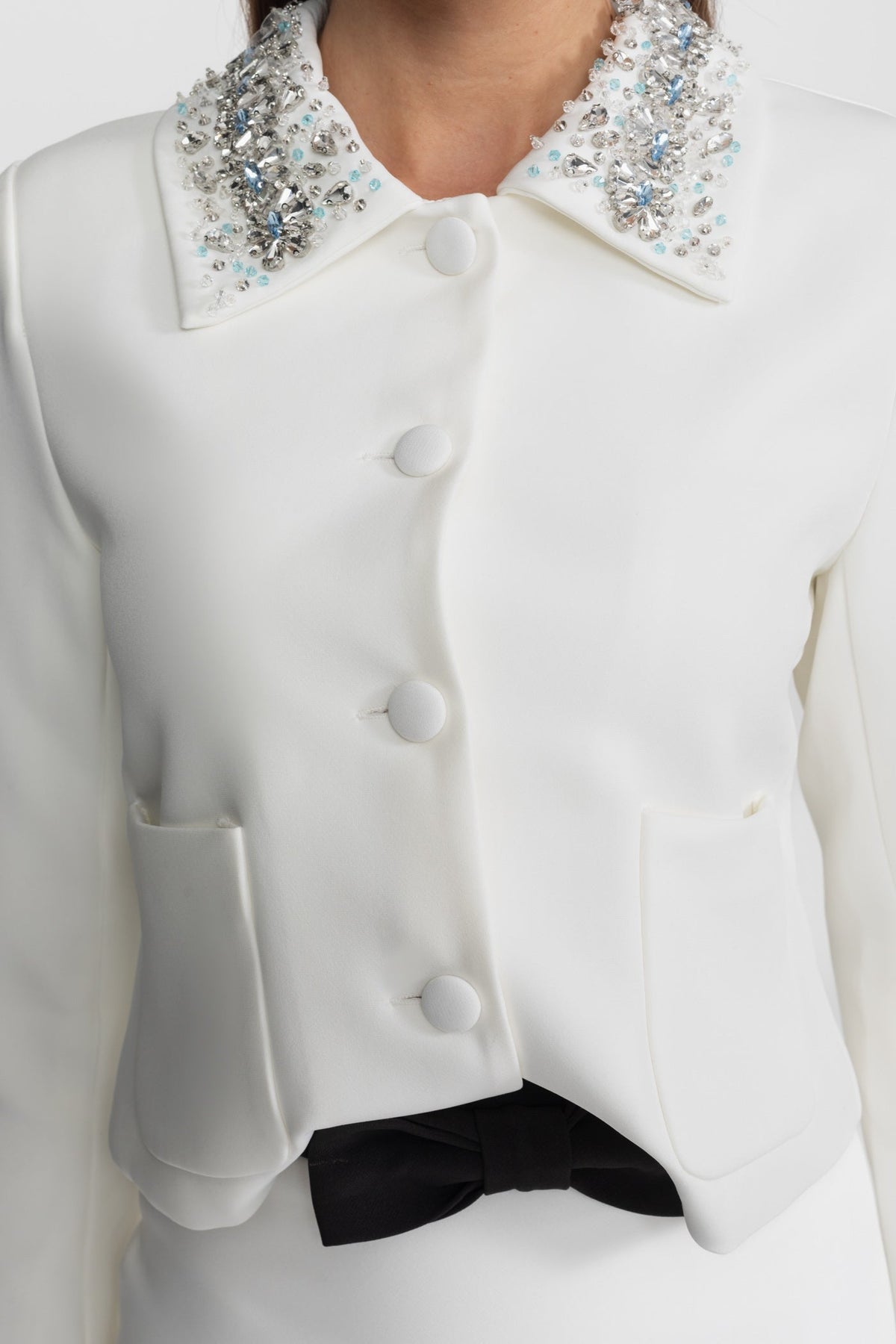 Embellished Cropped Jacket with Crystal Collar – White