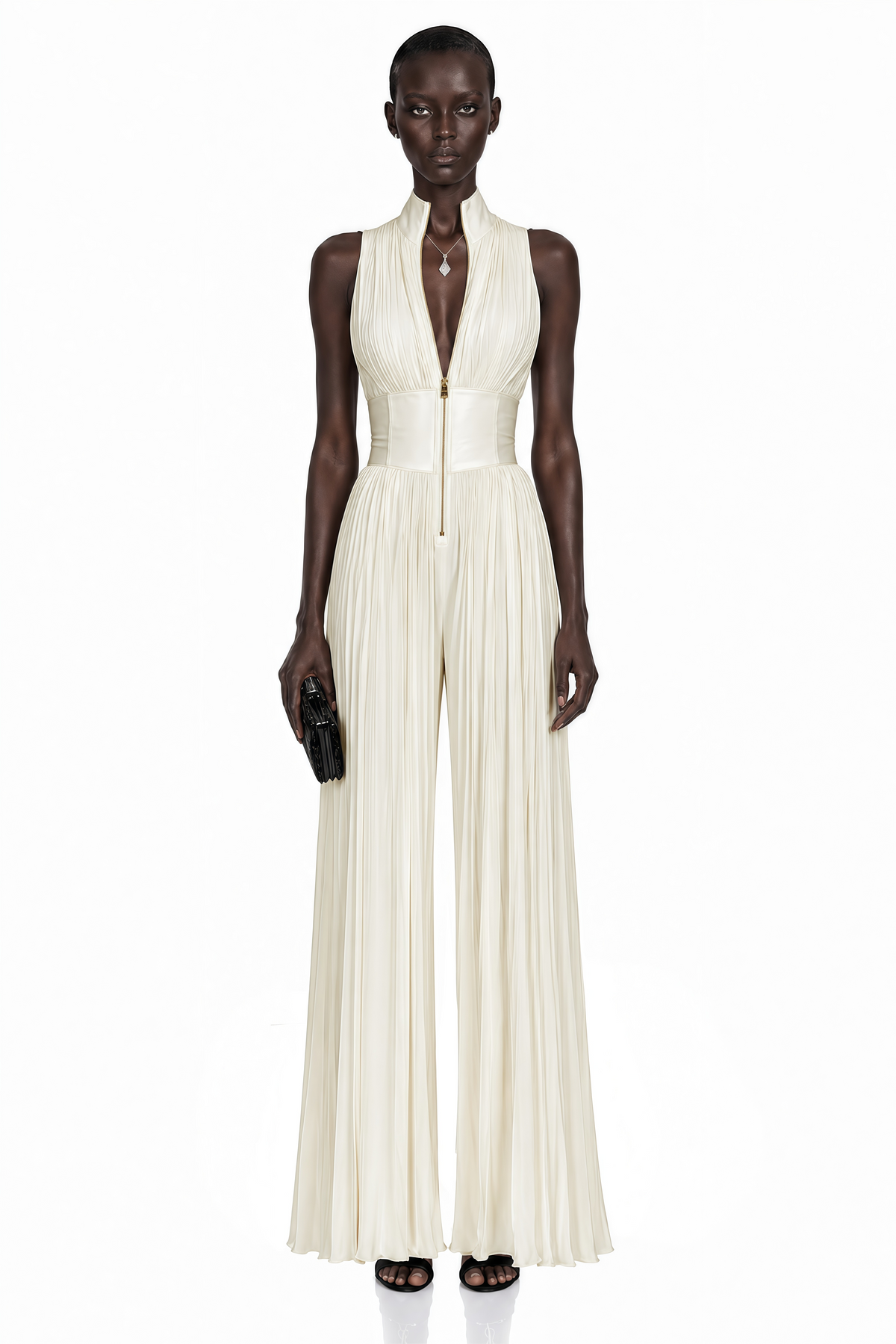 Ecem Cream White Mock Neck Ruched Jumpsuit