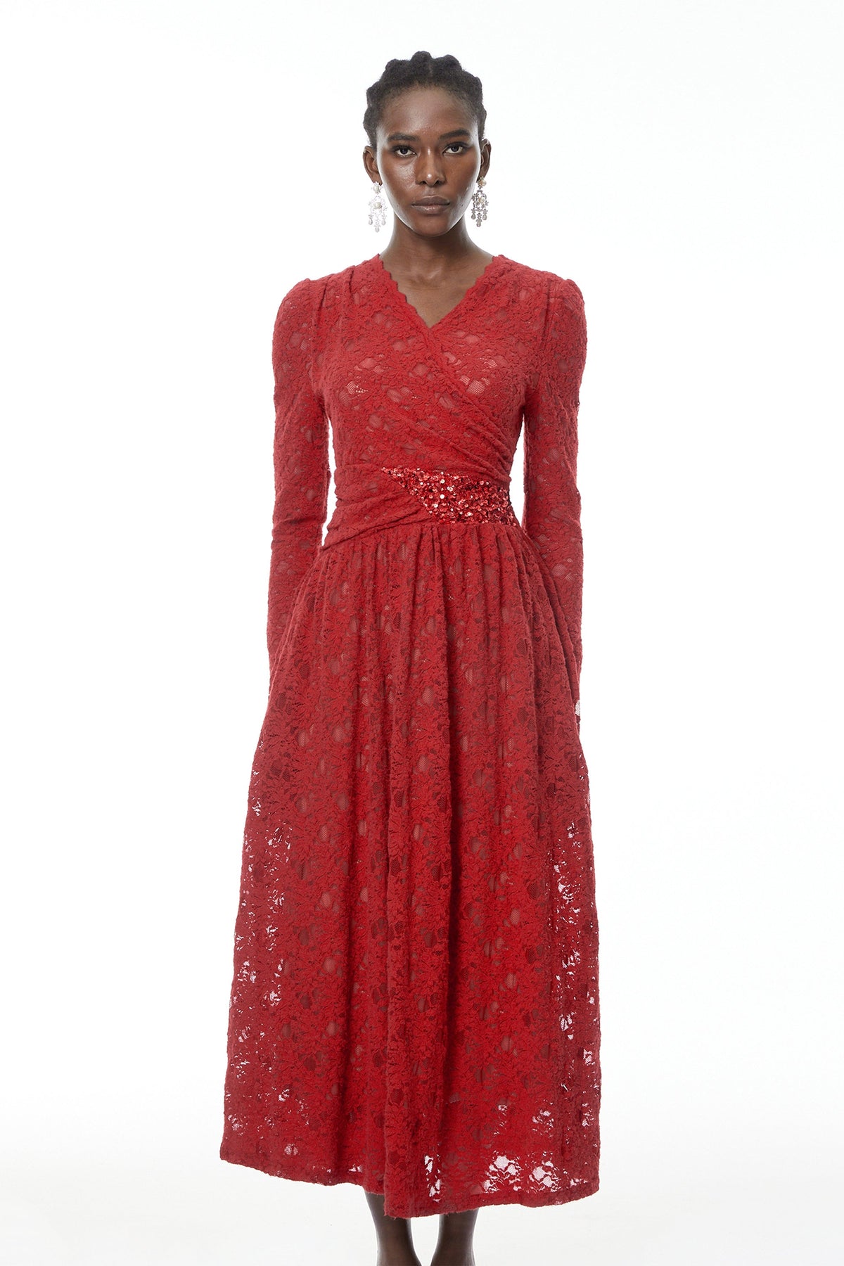 Eirlys Red Floral Lace Midi Dress with Embellishment