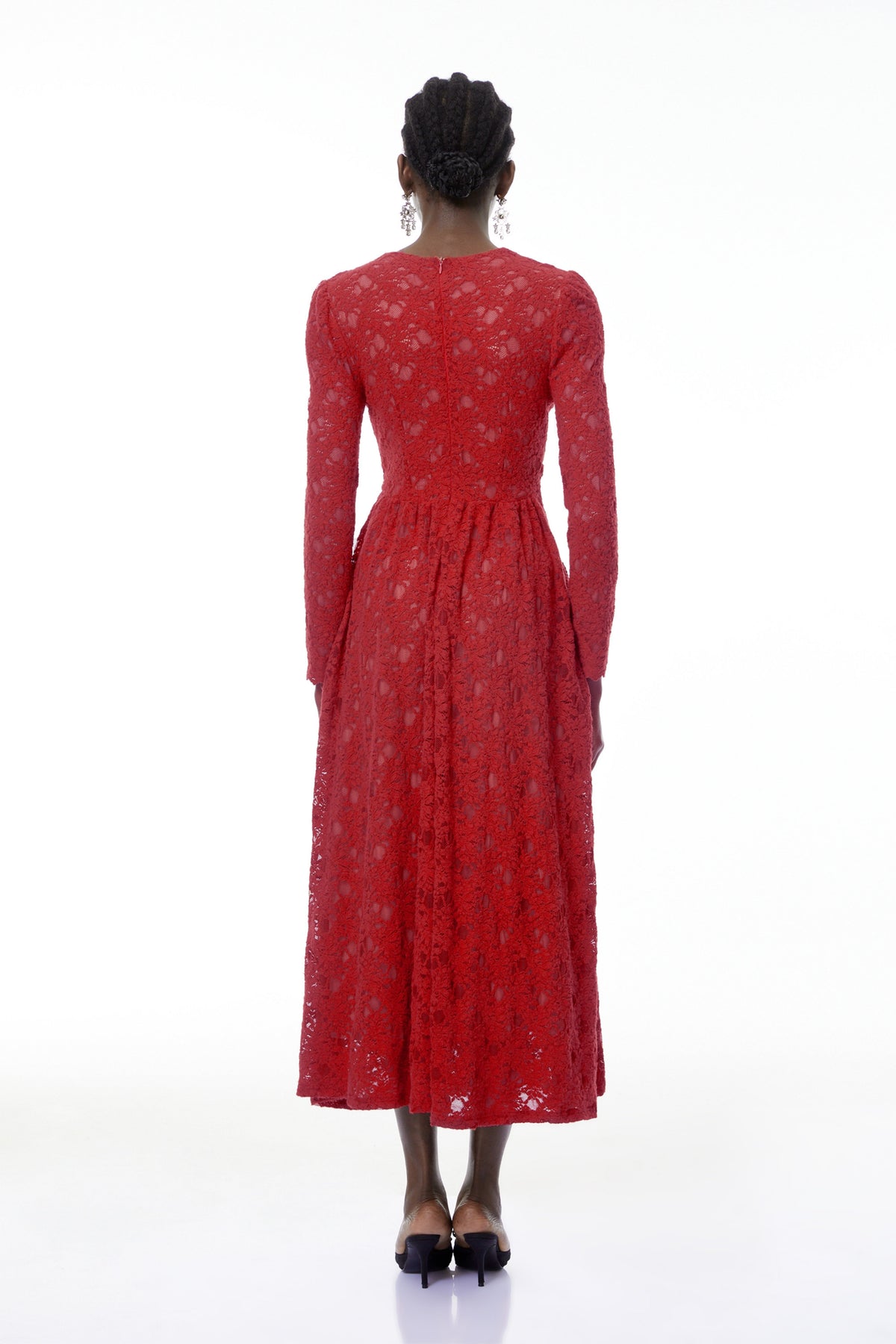 Eirlys Red Floral Lace Midi Dress with Embellishment