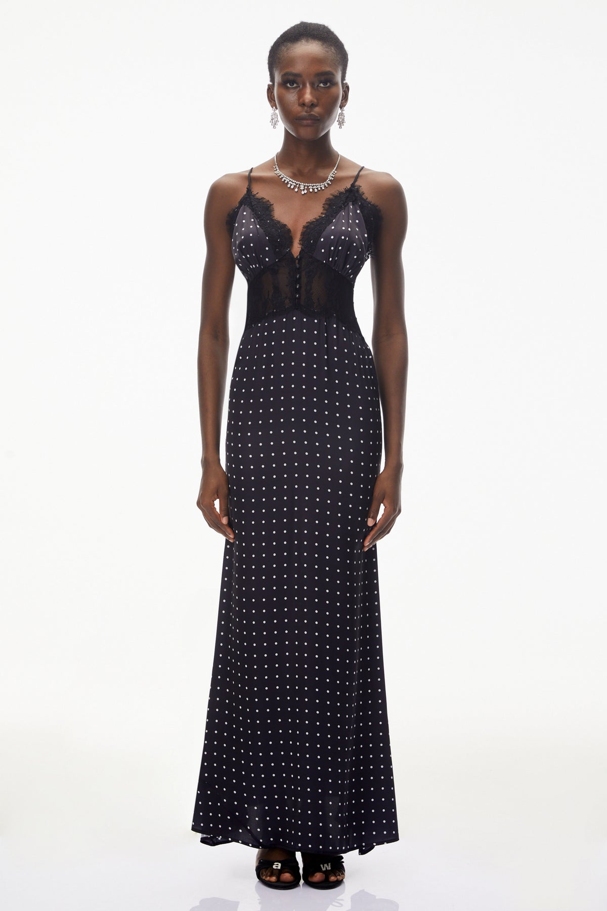 Eleanor Black Polka Dot Lace Trim Maxi Dress