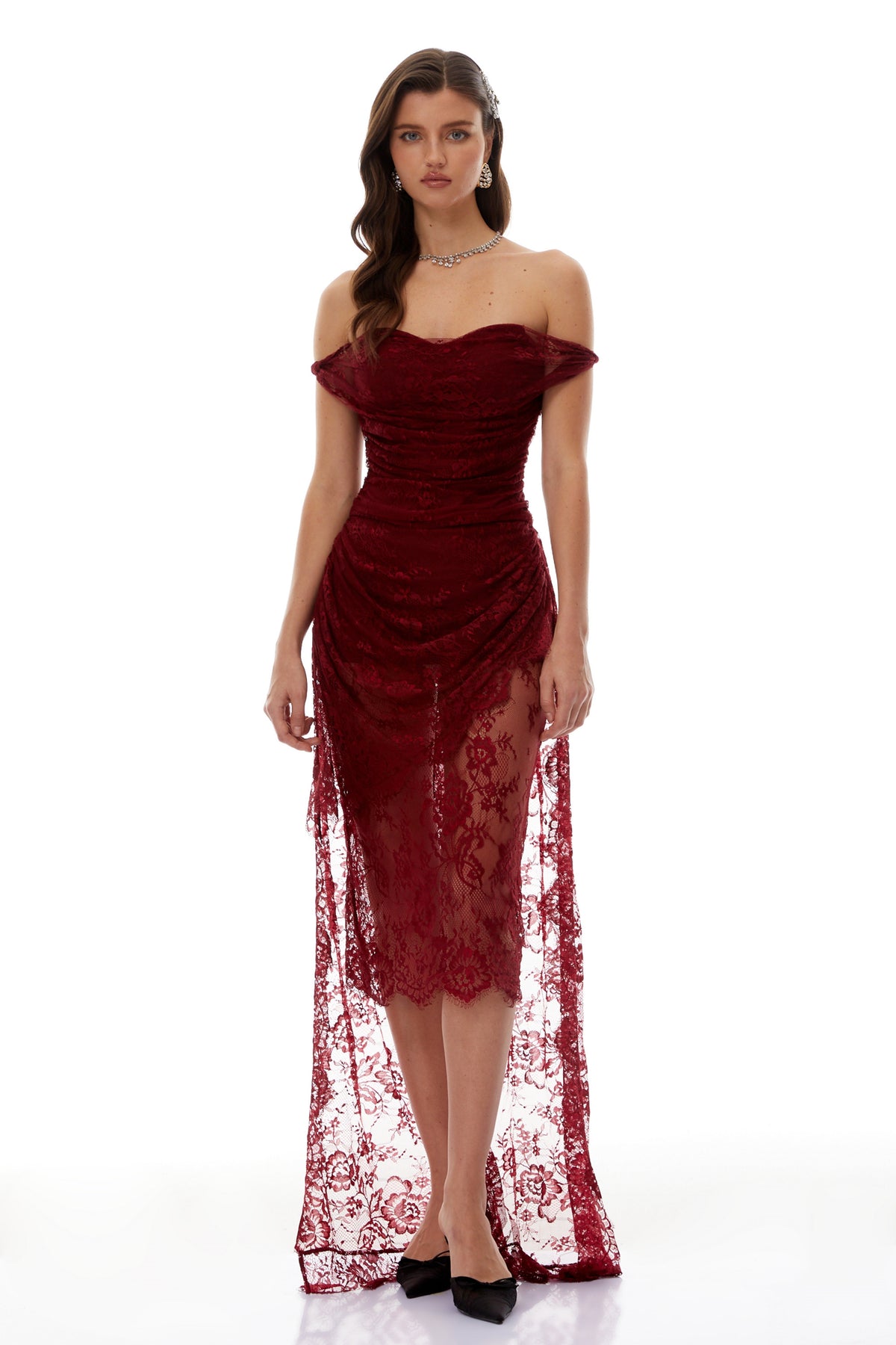 Eline Burgundy Ruched Floral Lace Gown