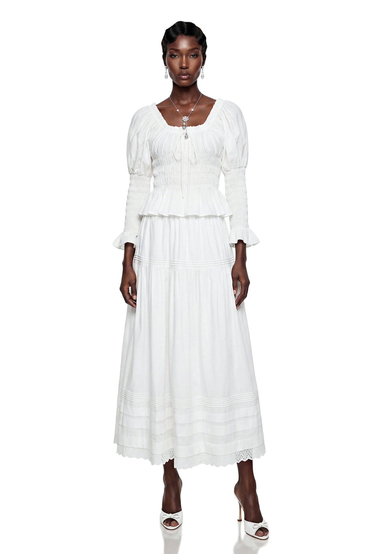 Eliza White Ruched Blouse & Skirt Set