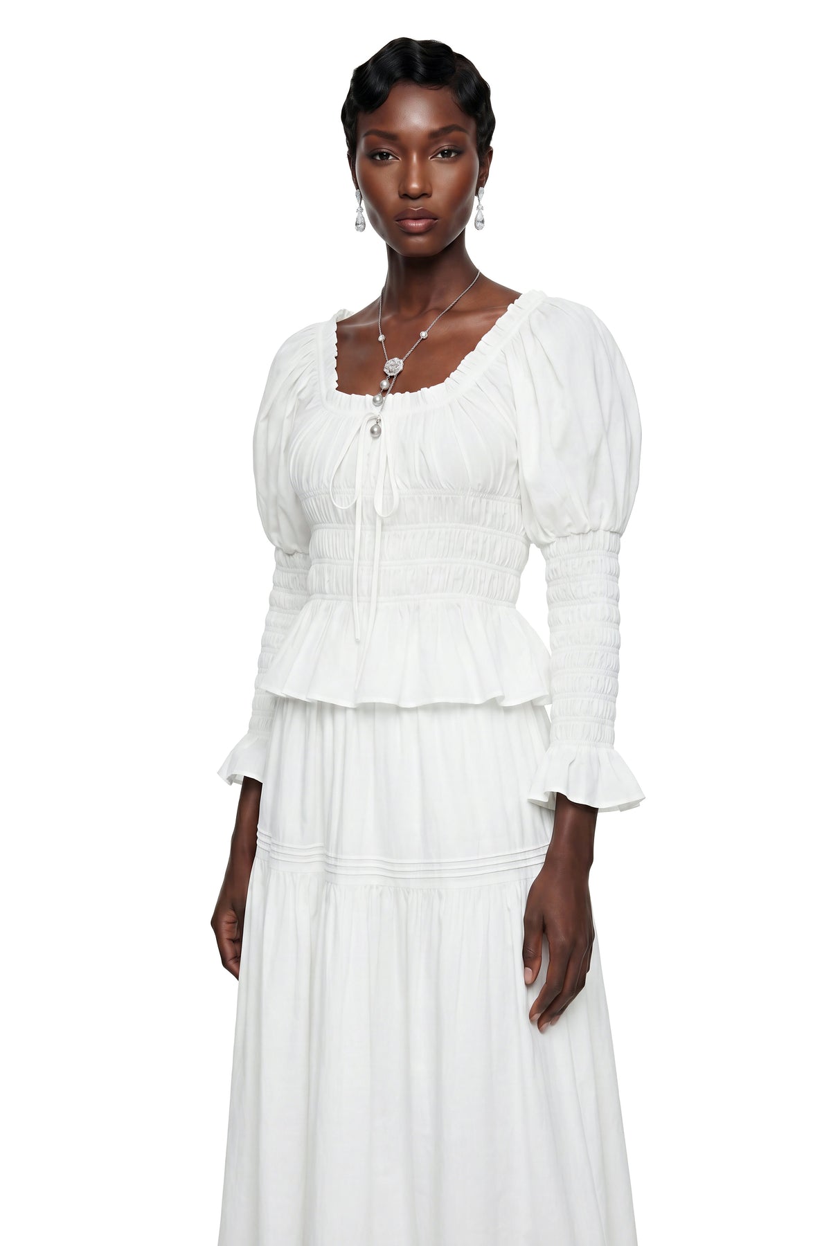 Eliza White Ruched Blouse & Skirt Set