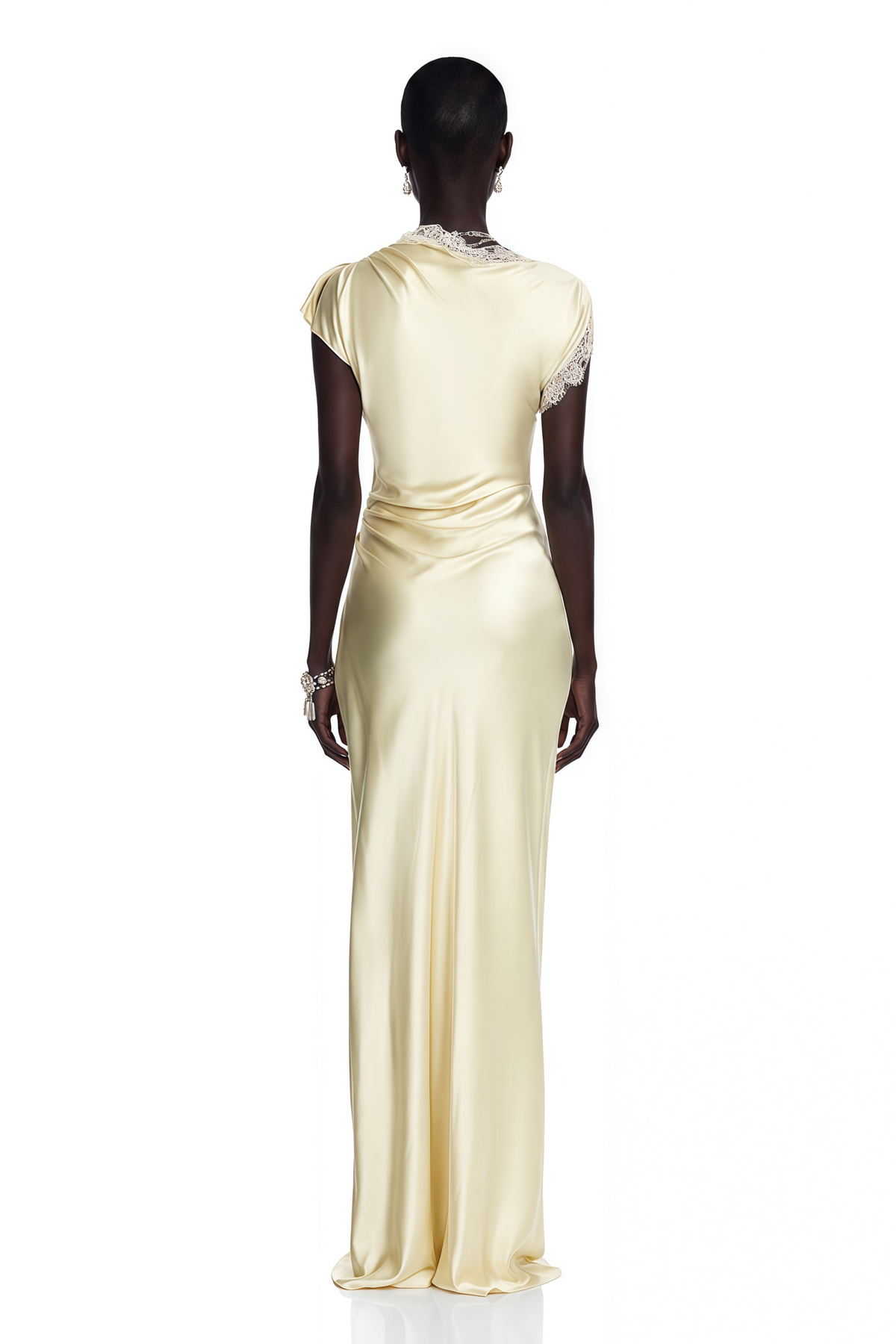 Elowen Yellow Satin Maxi Dress with Lace Trim and Slit