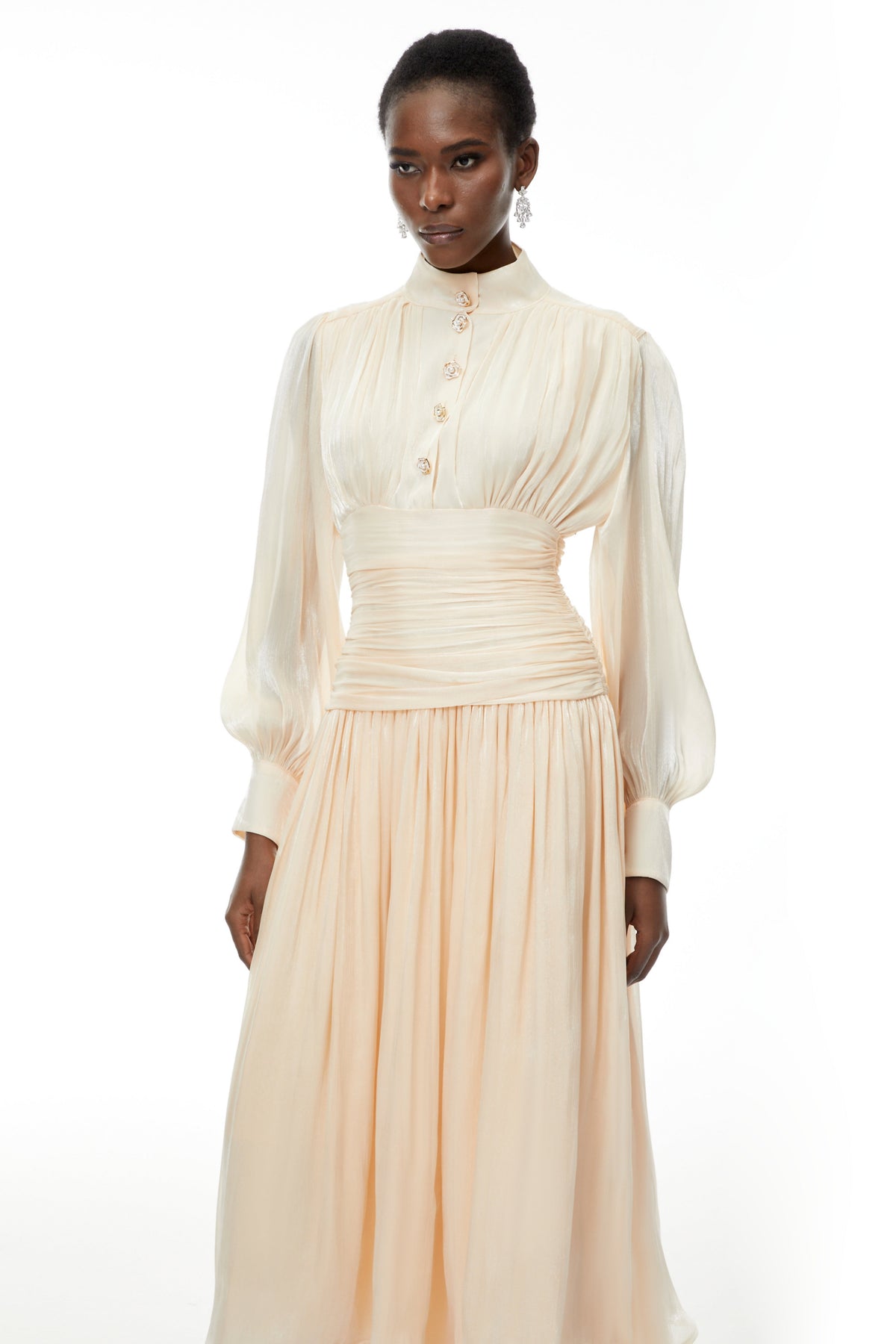 Emersyn Neutrals High-Neck Ruffled Detail Maxi Dress (Final Sale-US Only)