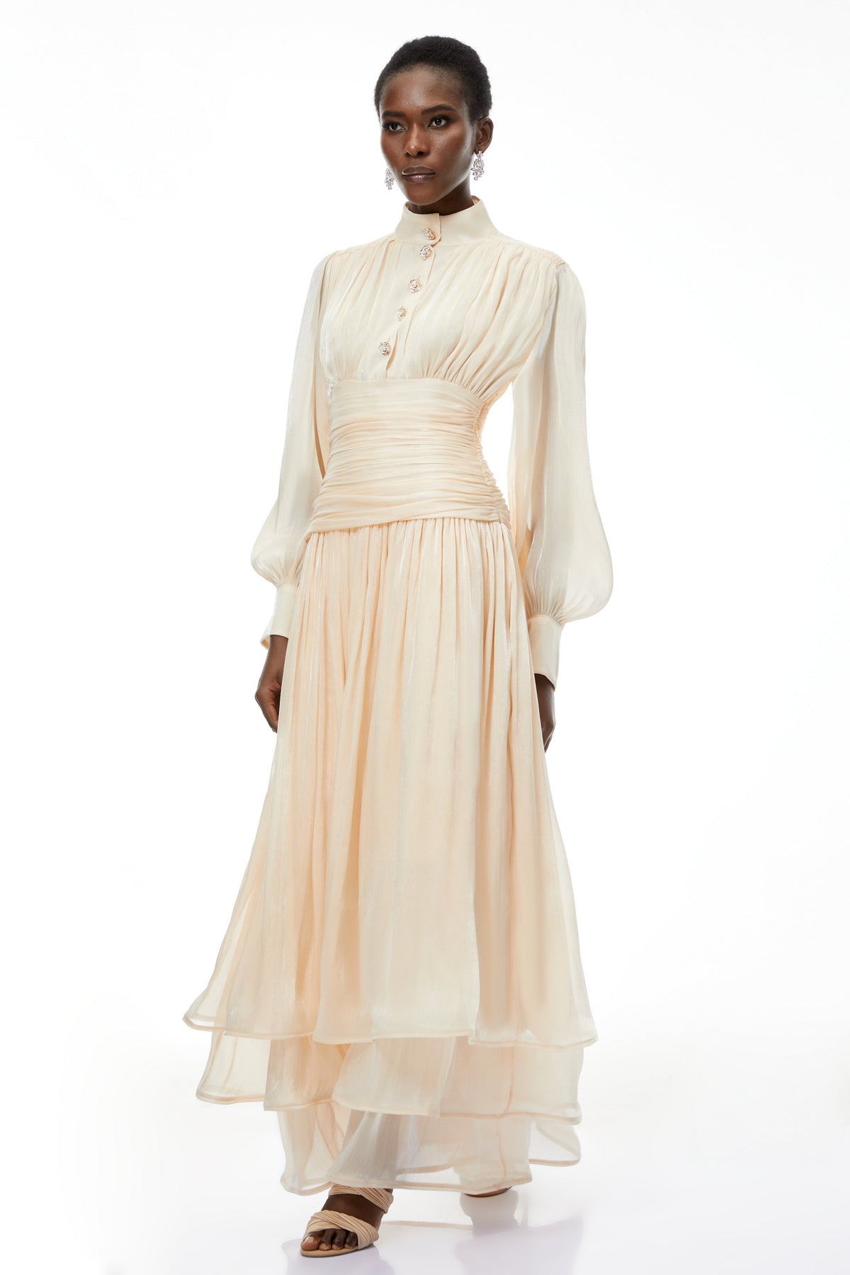 Emersyn Neutrals High-Neck Ruffled Detail Maxi Dress (Final Sale-US Only)