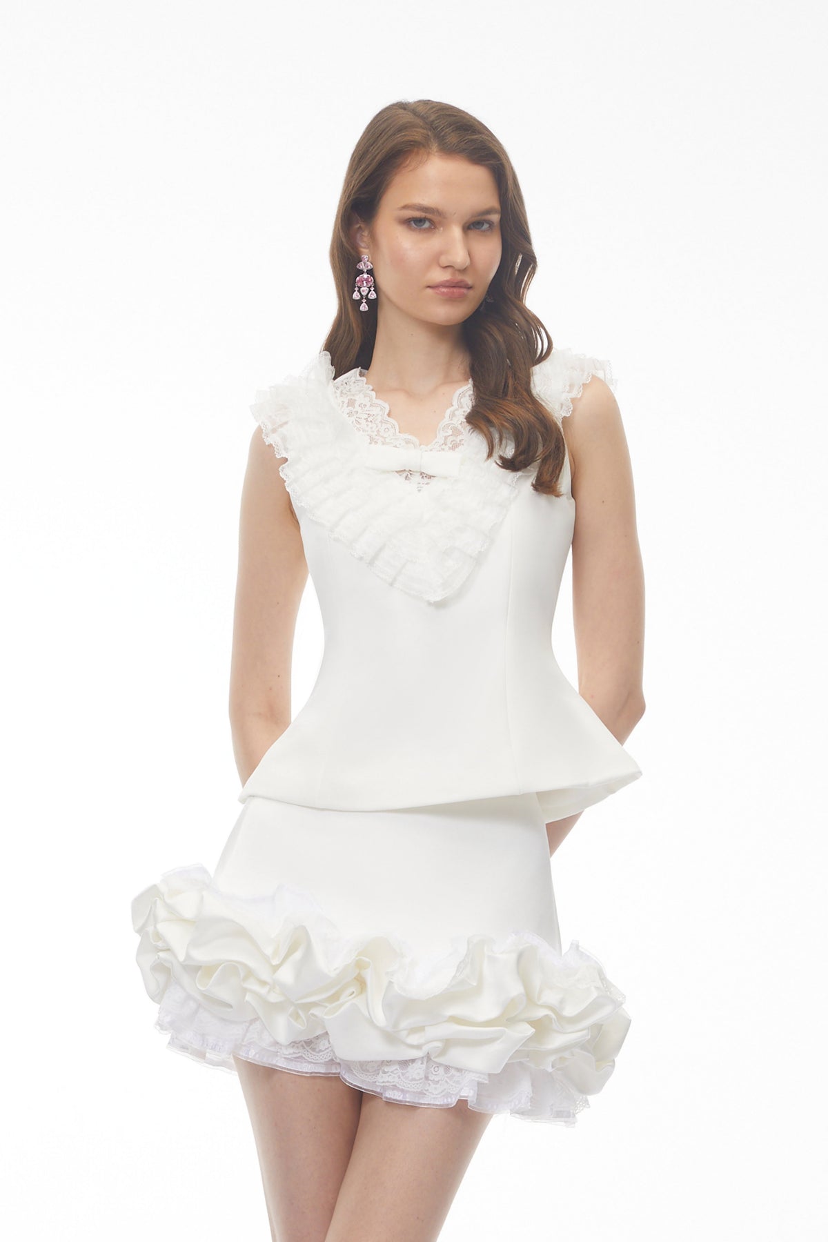 Emmeline White V-Neck Top & Ruffled Skirt Set