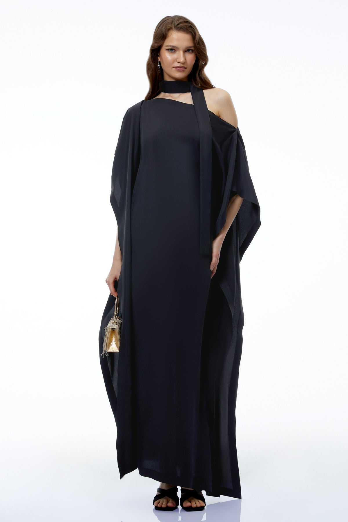 Esme Black Pleated Maxi Dress with Split Sleeves