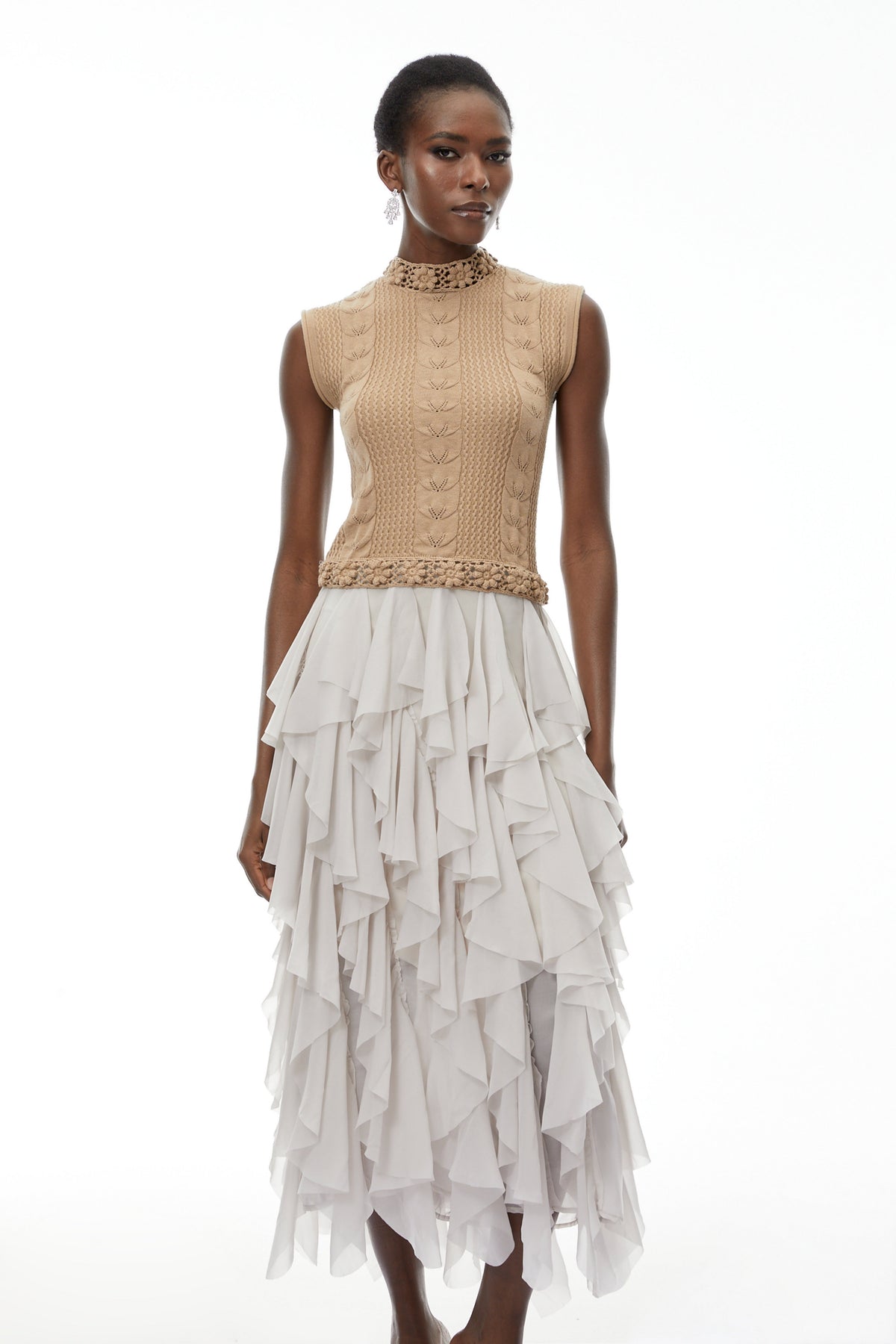 Evangeline Khaki Asymmetrical Ruffled Maxi Dress