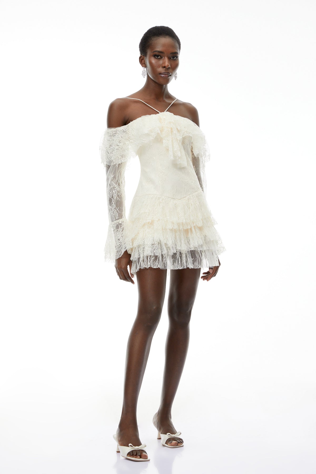 Evelyn Neutral Off Shoulder Tiered Mini Dress (Final Sale-US Only)