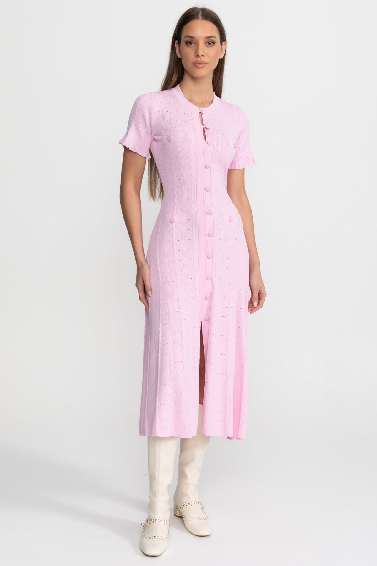Knit Button-Front Midi Dress with Scalloped Sleeves – Pink