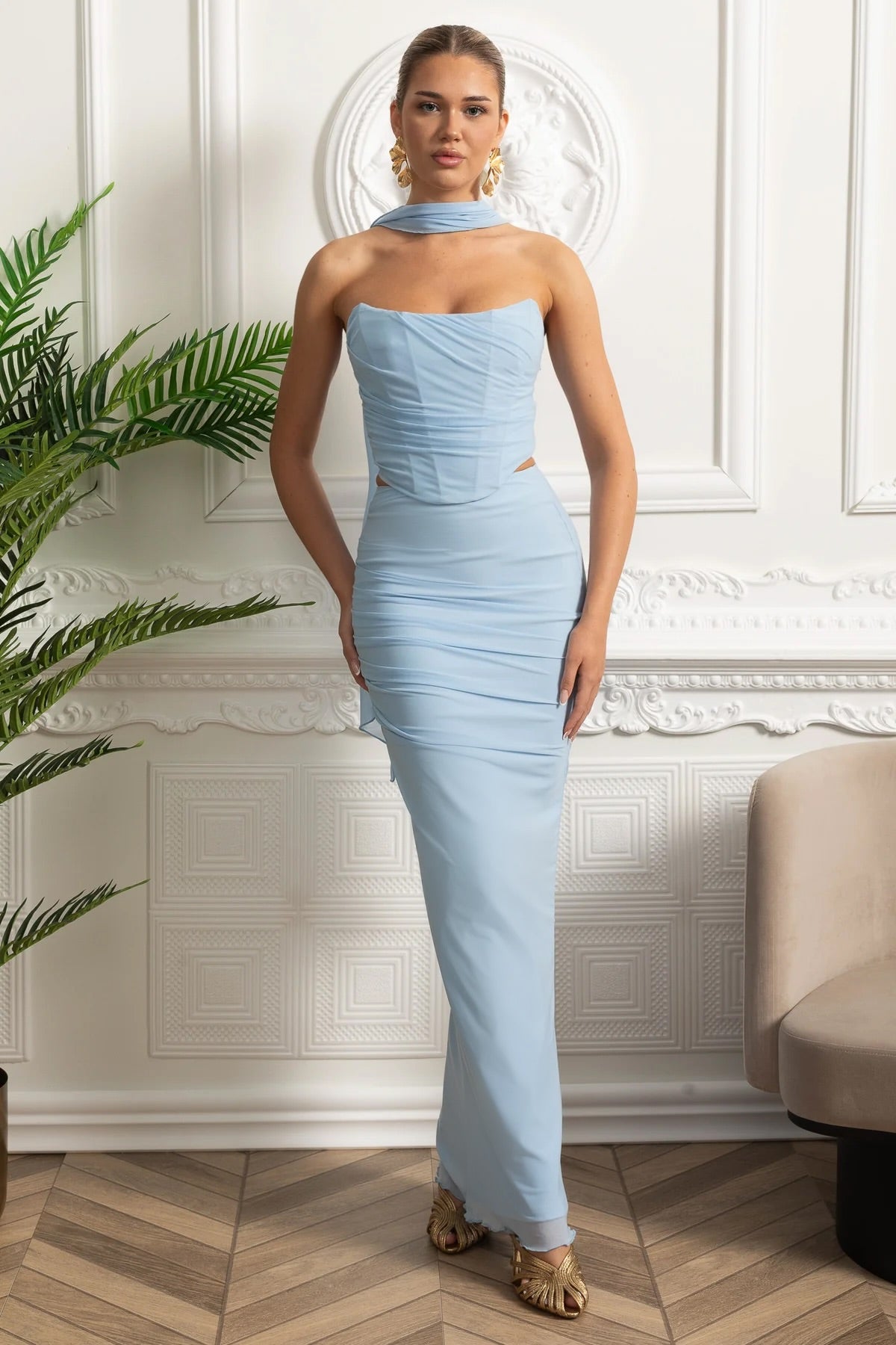 Elegant Draped Evening Co-Ord With Asymmetrical Neckline And Ruching Details - Sky Blue