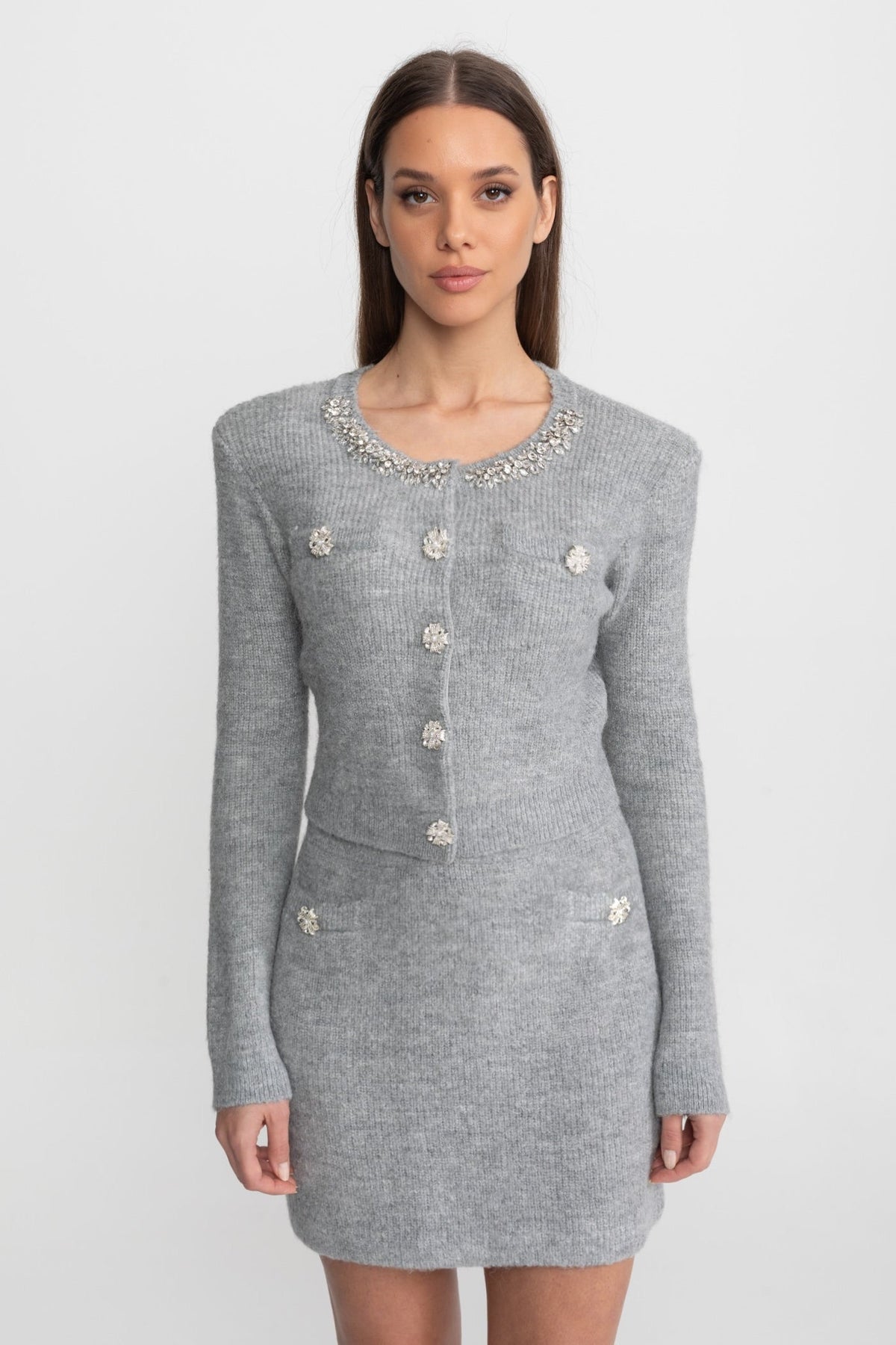 Embellished Knit Co-Ord Set with Crystal Buttons – Grey