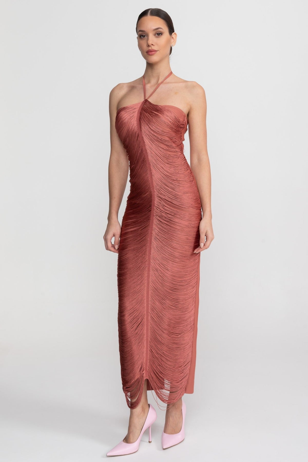 Halter Neck Midi Dress With All-Over Pleated Texture - Light Brown