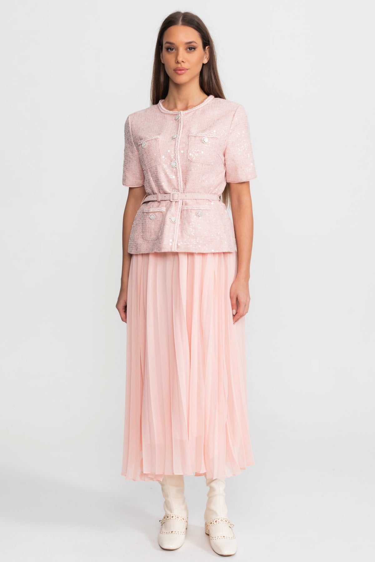 Embellished Tweed Midi Dress with Pleated Chiffon Skirt – Blush Pink