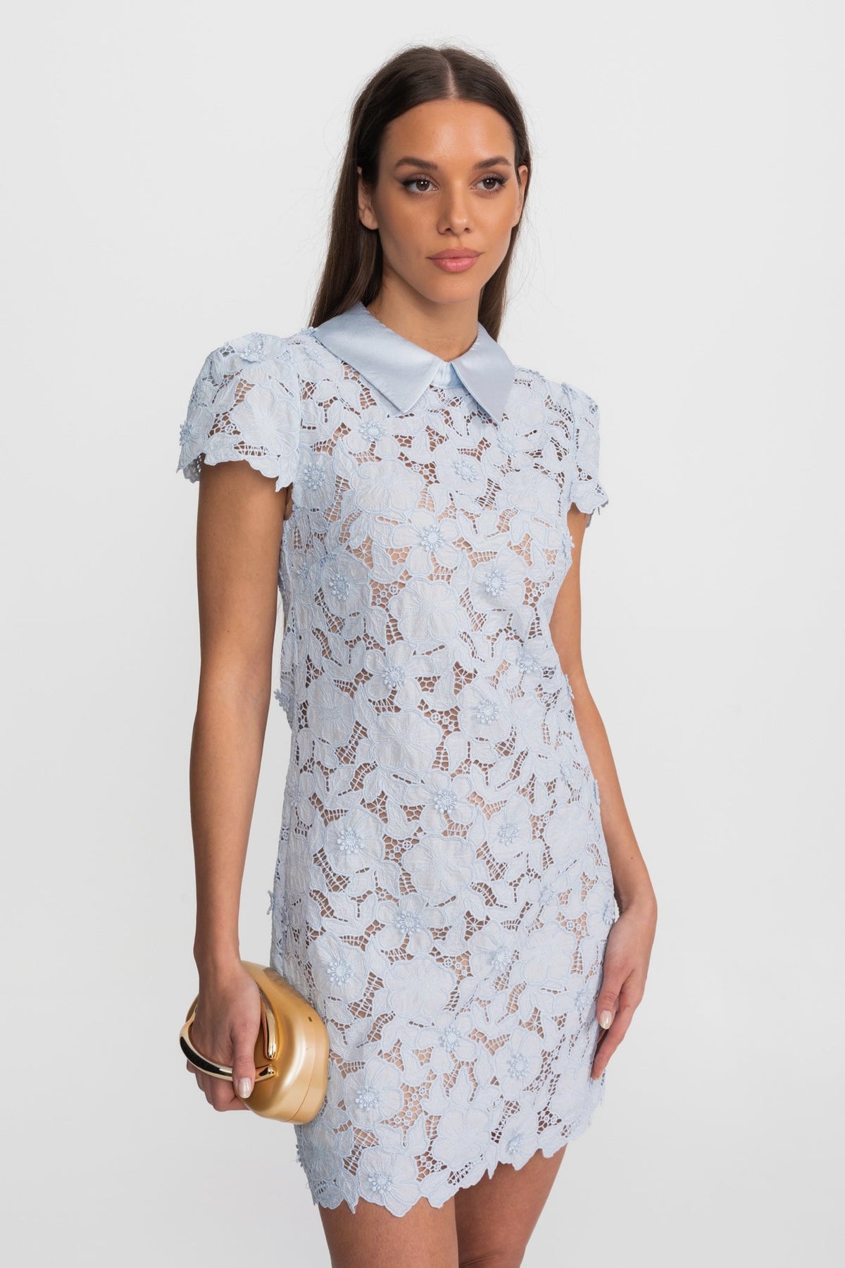 Floral Lace Mini Dress with Satin Collar – Light Blue