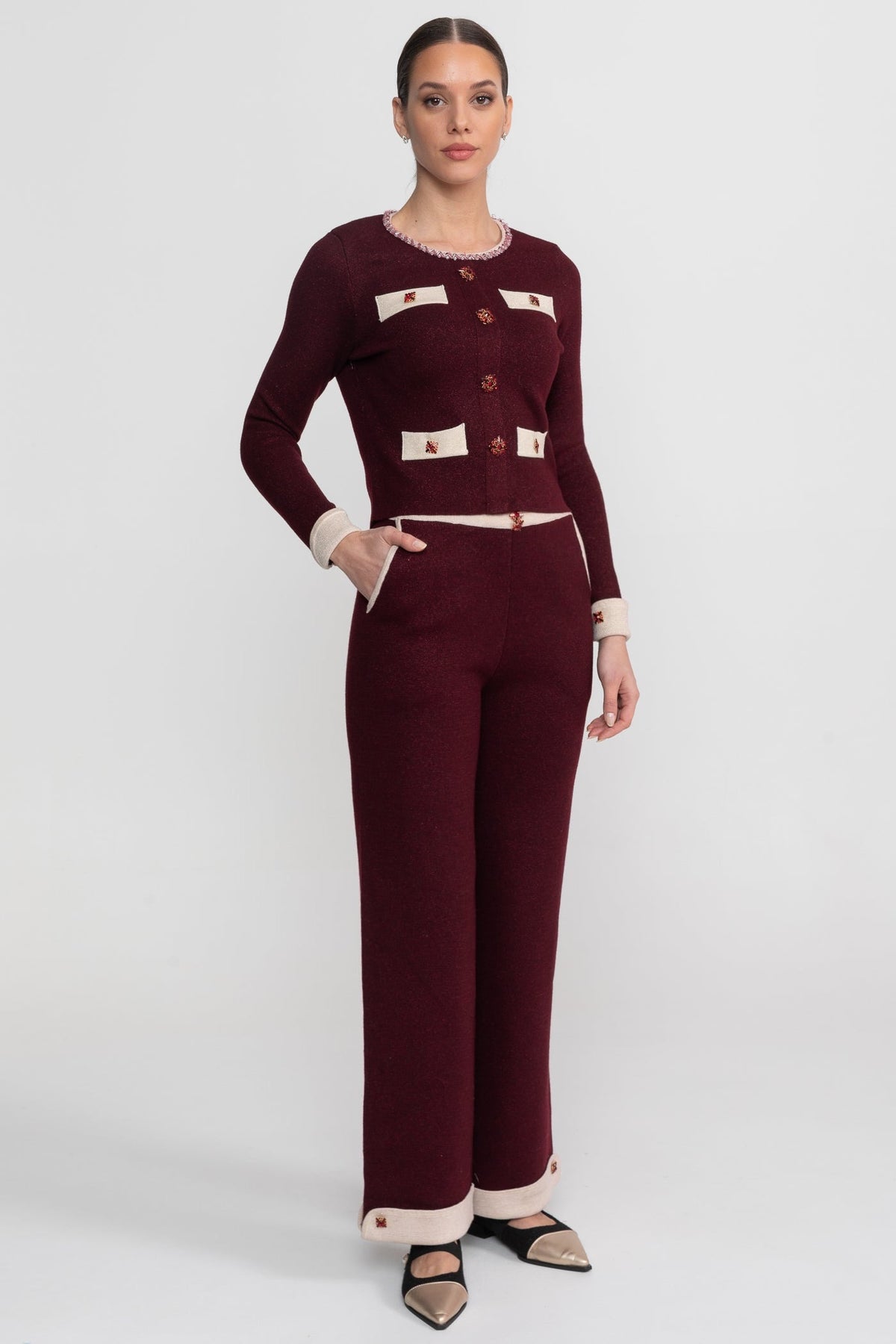 Long Sleeve Knit Co-Ord Set With Contrast Trim And Sparkling Embellishments - Burgundy