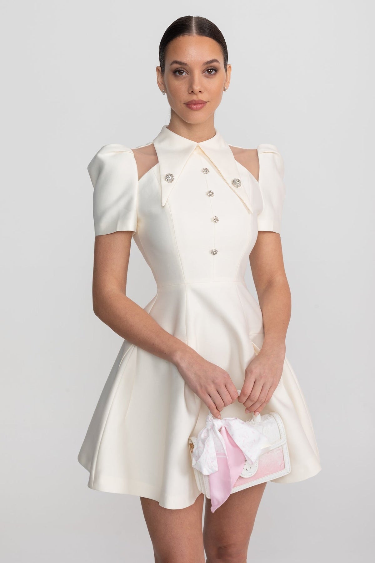 Puff Sleeve Mini Dress With Pointed Collar And Crystal Button Front - Ivoire
