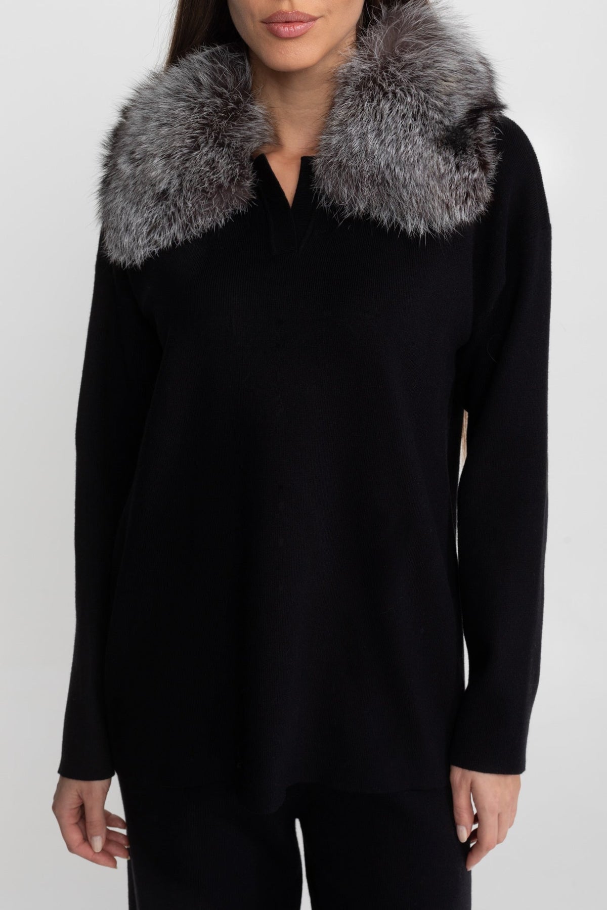 Knit Lounge Co-Ord Set with Fox Fur Collar – Black/Grey