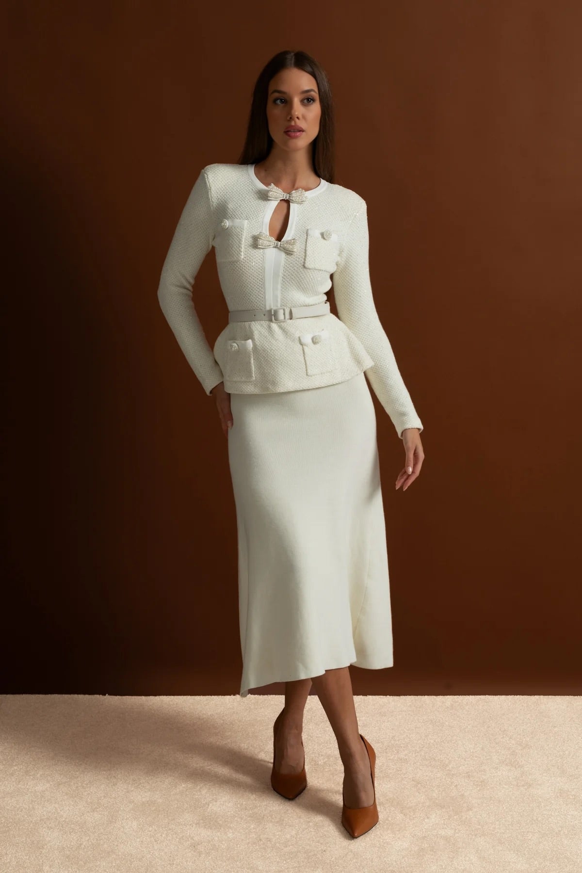 Tweed Peplum Knit Midi Dress – White