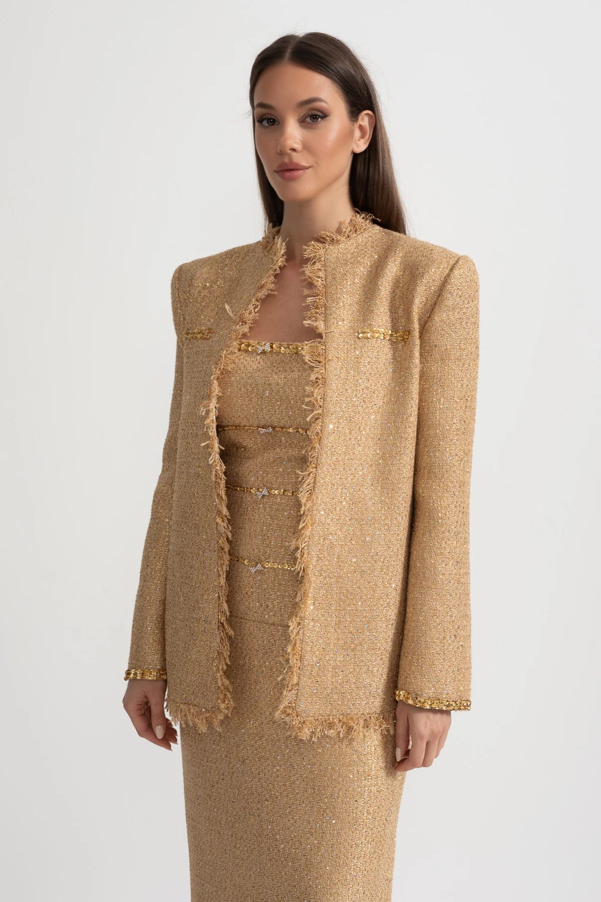 OLIVIA extured Tweed Overcoat With Intricate Sequin Embellishments And Fringe Trim Accents - Gold
