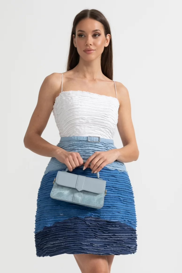 Ombre Mini Dress with Textured Layered Fabric - White/Blue