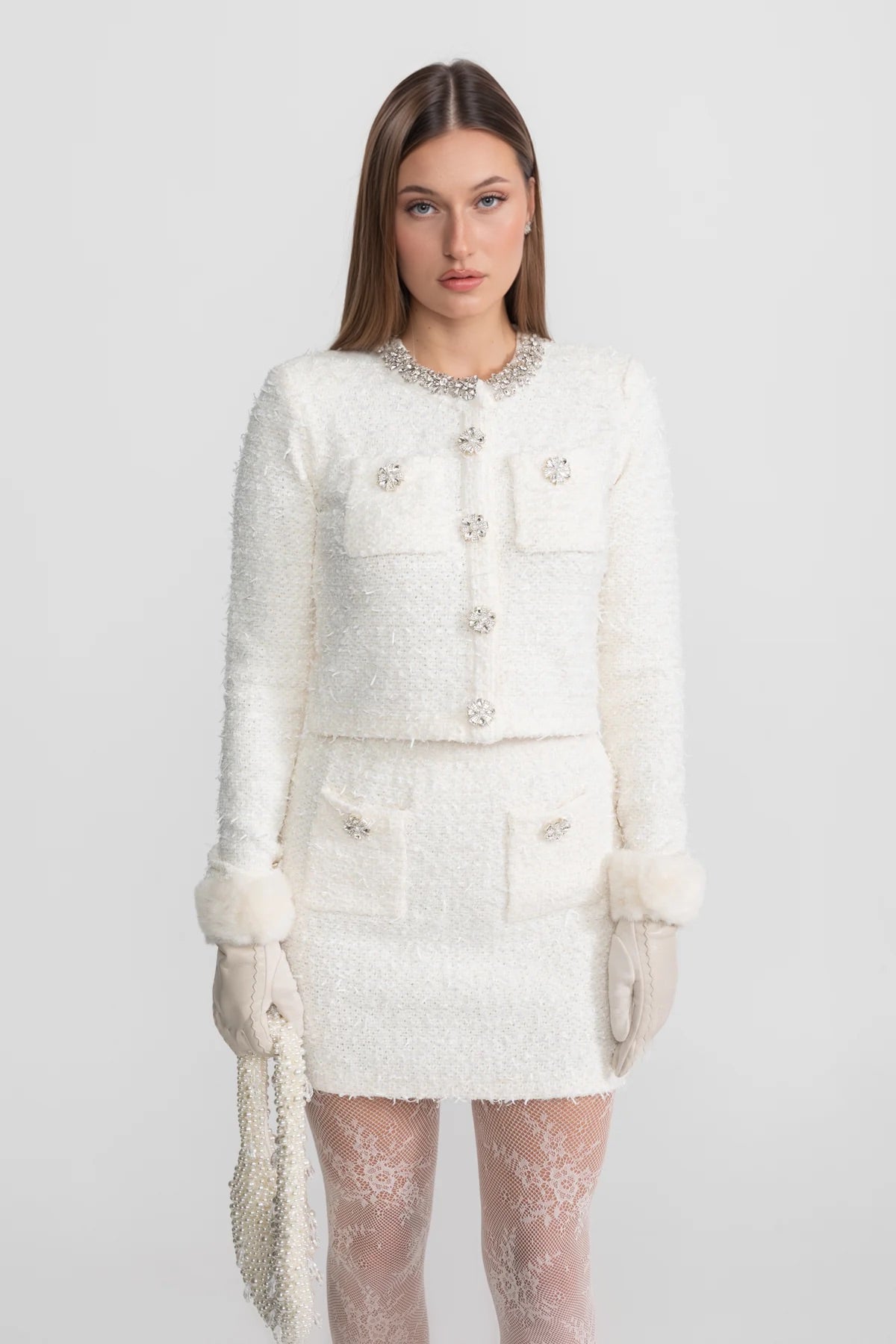 Tweed Mini Skirt With Crystal Buttons - Ivoire