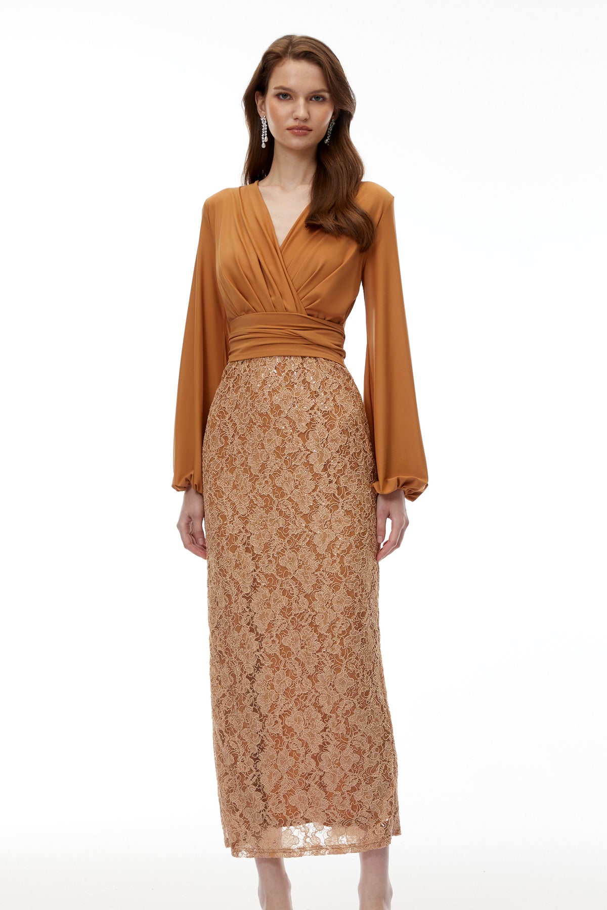 Fauna Brown Plunge Neck Lace Maxi Dress (Final Sale-US Only)
